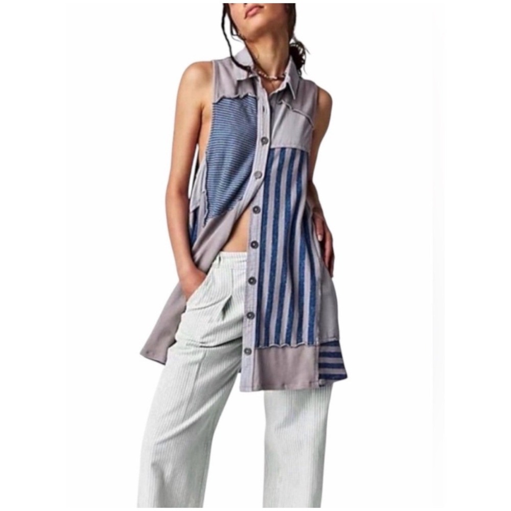 Free People Sleeveless Patchwork Striped Button Down Tunic Grey Blue Size Small